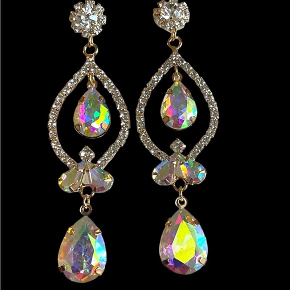 Rhinestone Earrings AB Crystal Wedding Bridal Bridesmaid Prom Earrings Dangle - Picture 9 of 11